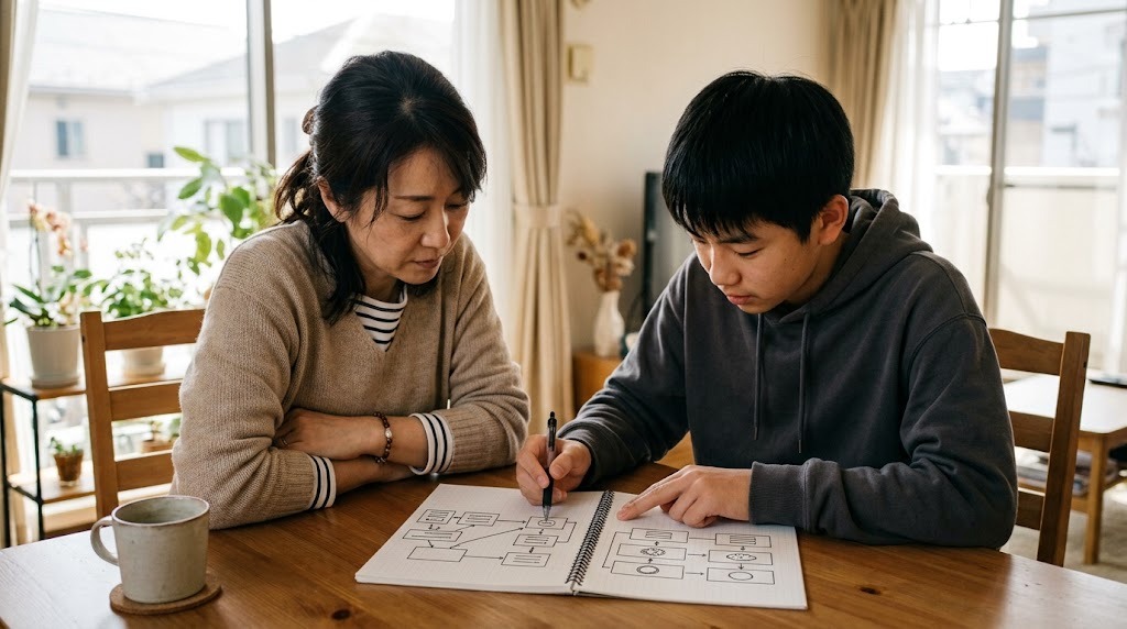 明るいダイニングテーブルで、母親と高校生の息子が四角と矢印を描いたノートを一緒に見ている