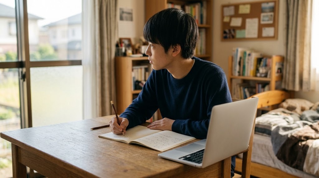 自宅の机で、高校生がノートに向かって勉強している横顔