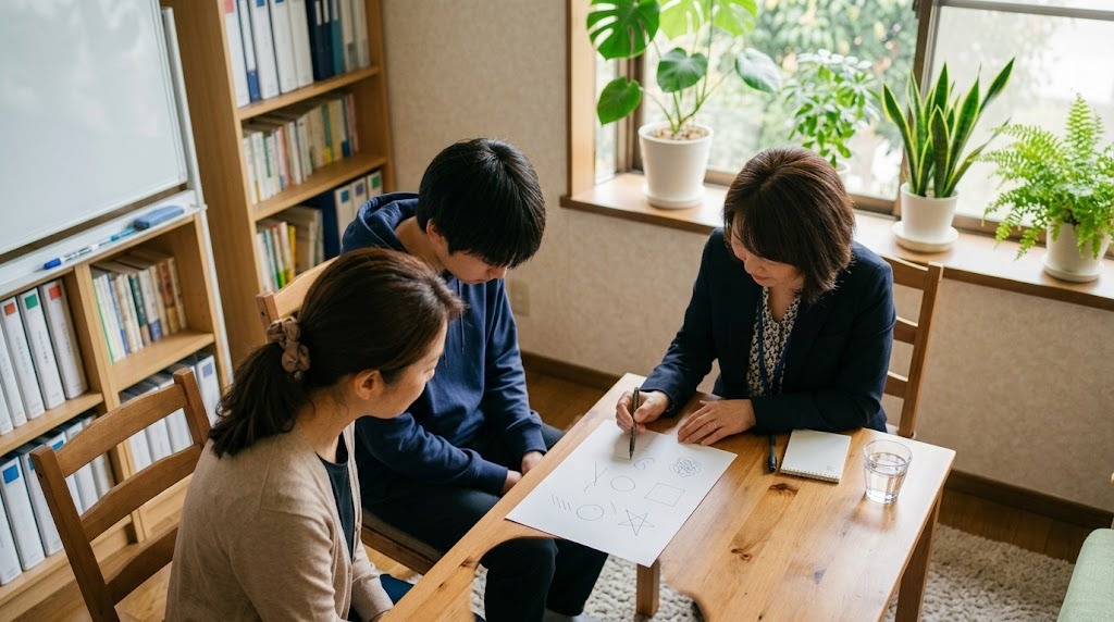 明るい相談室で、高校生と保護者が向かいの相談員と一緒に机の上の紙を見ている