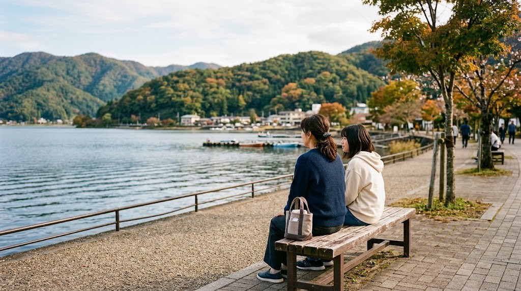 紅葉の始まった湖岸の遊歩道のベンチで、母親と高校生の娘が並んで座り湖を見ながら話している