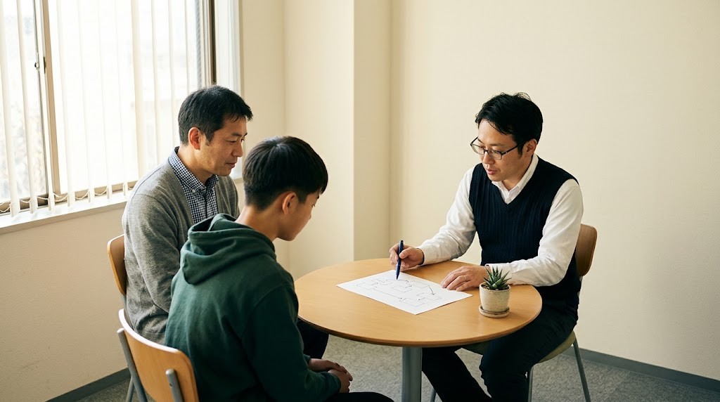 相談室の丸テーブルで、父親と高校生の息子がスタッフの手書きの説明を聞いている