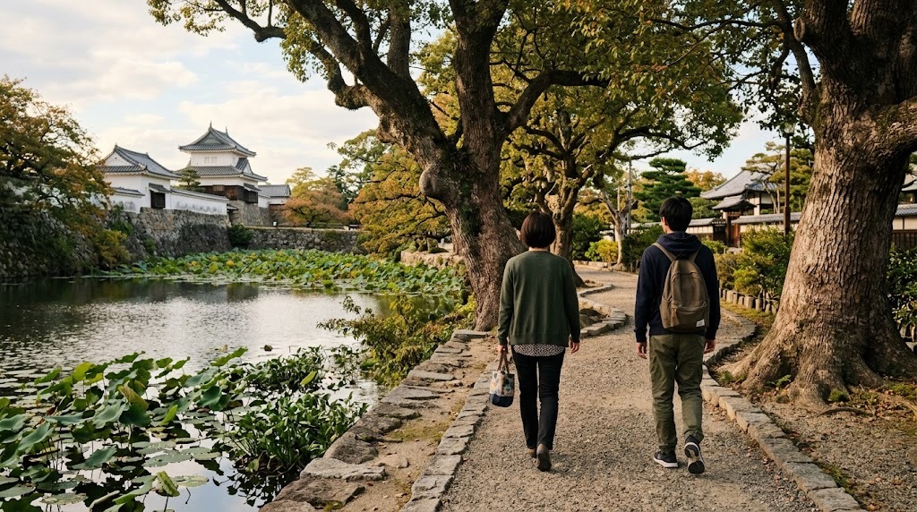 楠の大木とはすの葉が広がるお堀ばたの道を、母親と高校生の息子が並んで歩いていく後ろ姿