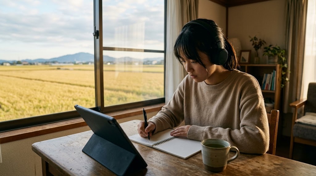 田んぼの広がる窓辺の机で、ヘッドホンをつけた高校生がタブレットの横でノートを取っている