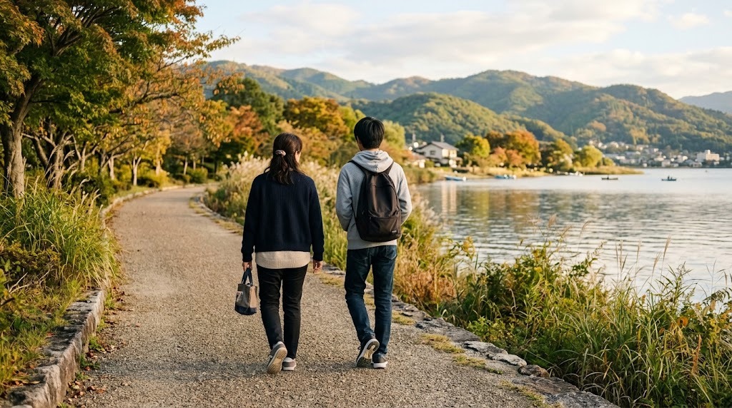 紅葉の始まった湖畔の小道を、母親と高校生の息子が並んで歩いていく後ろ姿