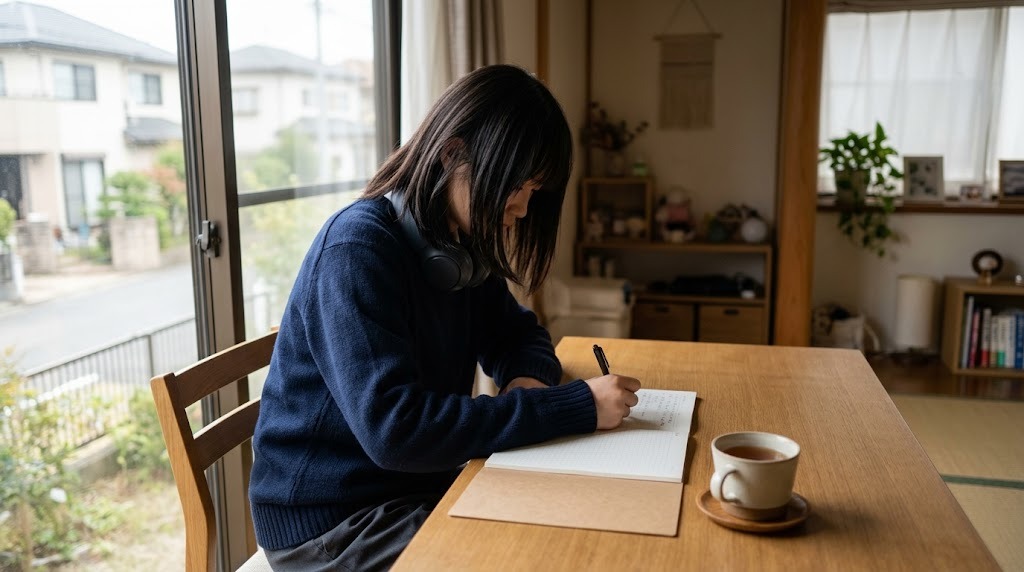 窓辺の木の机で、首にヘッドホンをかけた高校生がノートに書き込んでいる