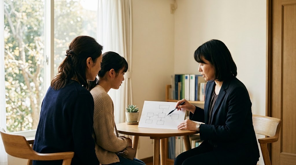 明るい相談室の丸テーブルで、母親と高校生の娘が、手描きの図で説明する相談員の話を聞いている