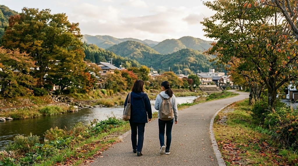 紅葉の始まった川沿いの道を、山を背に母親と高校生の娘が並んで歩いていく後ろ姿
