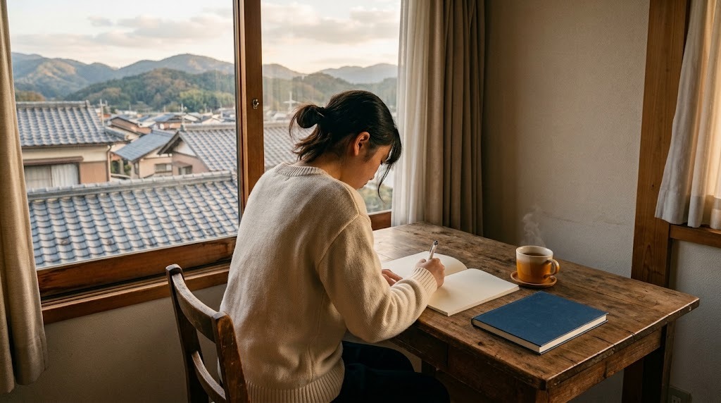 瓦屋根と山が見える窓辺の机で、高校生がノートに書き込んでいる