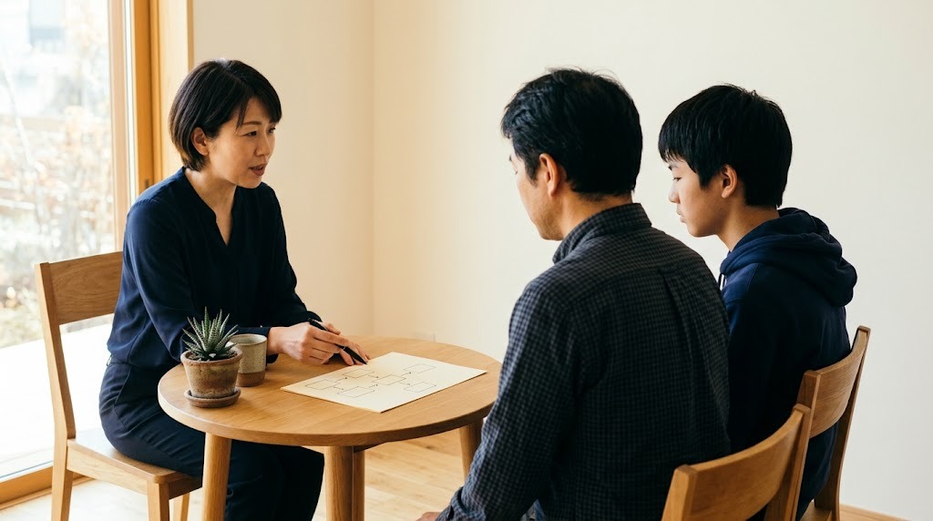 明るい相談室の丸テーブルで、父親と高校生の息子が、手描きの図で説明する相談員の話を聞いている