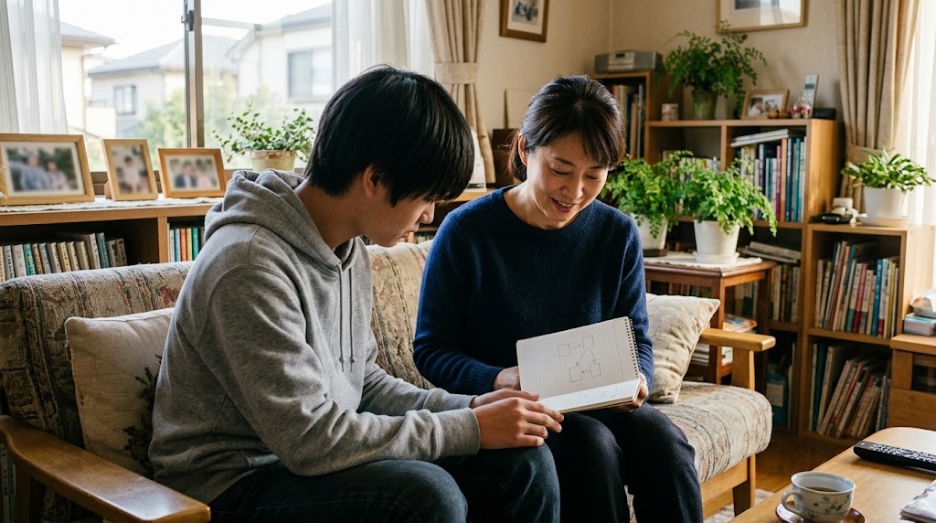 自宅のソファで、母親と高校生の息子が四角と矢印だけを描いたノートを一緒に見ている