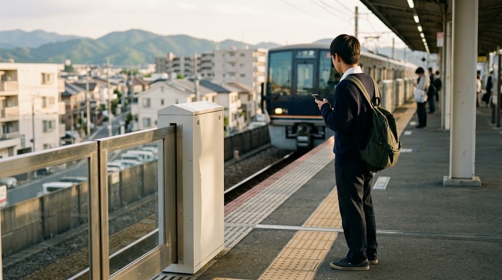 夕方の高架の駅のホームで、紺のセーターの高校生が電車を待っている後ろ姿
