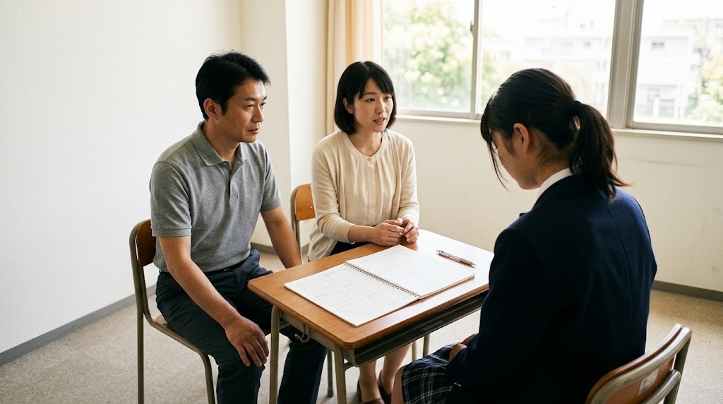 明るい相談室の机で、父親と相談員が高校生の娘の話を聞いている