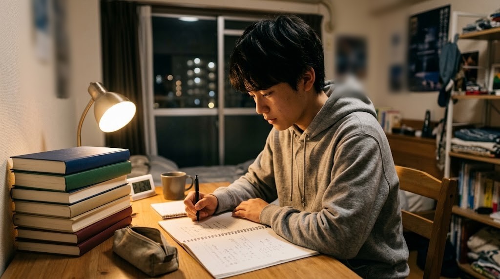 夜、机で受験勉強をする高校生