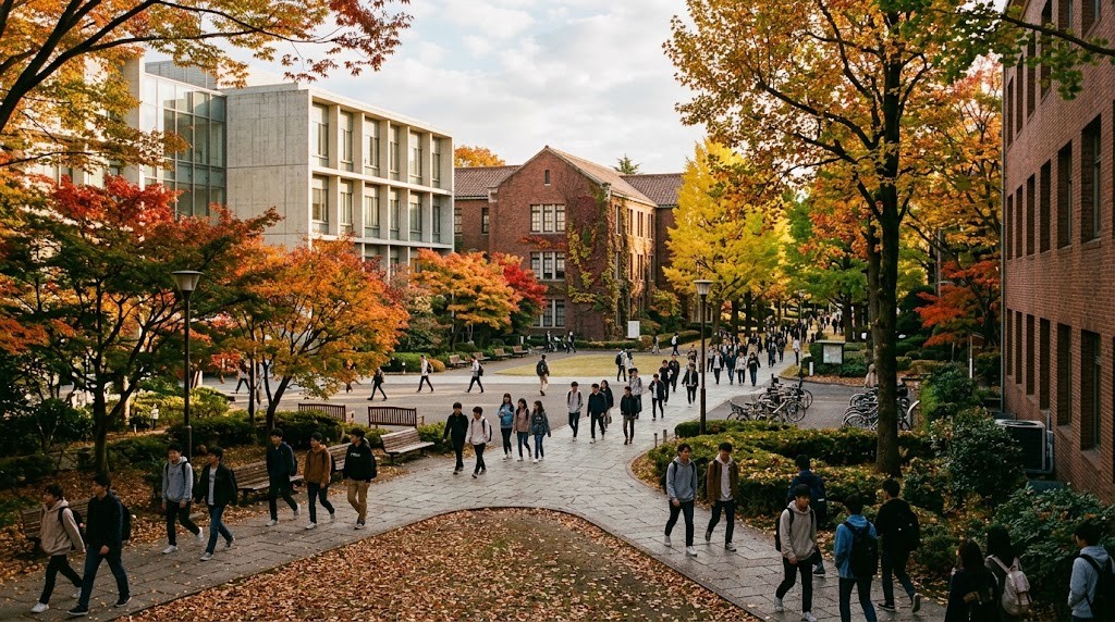 紅葉した大学のキャンパスを歩く学生たち