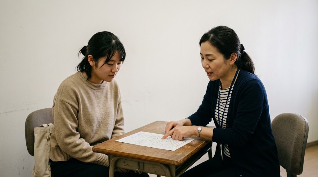 先生と出願書類を確かめる高校生