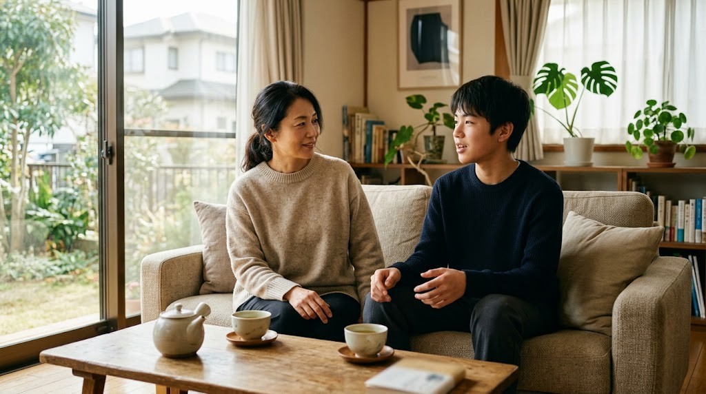 リビングのソファで並んで話す保護者と高校生