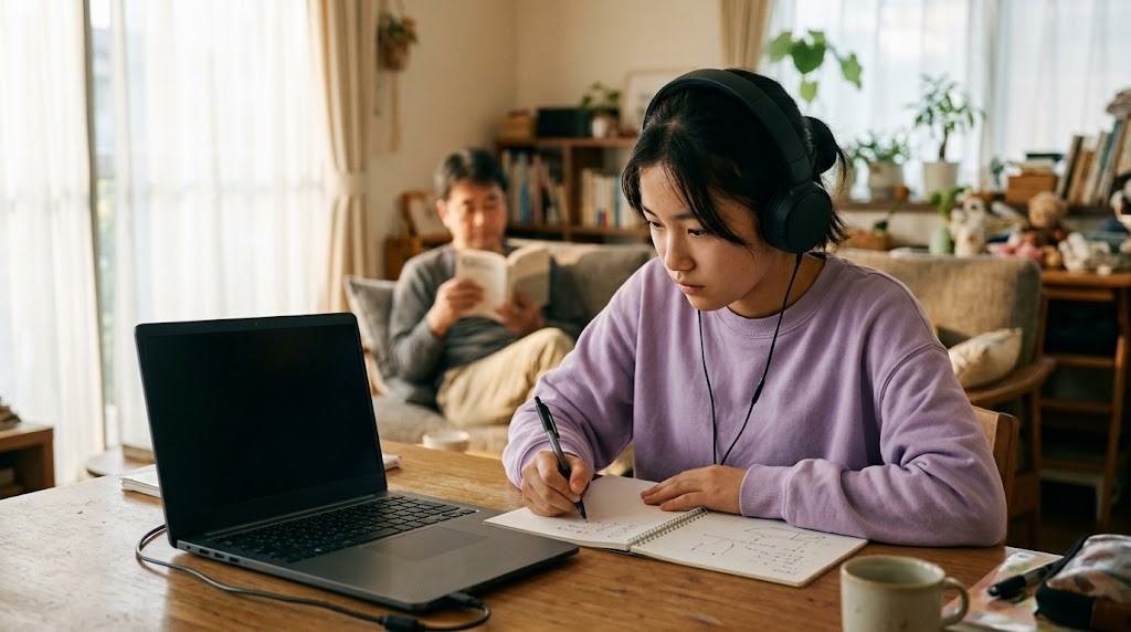 家の机でヘッドホンをつけオンライン授業を受けながらノートをとる高校生