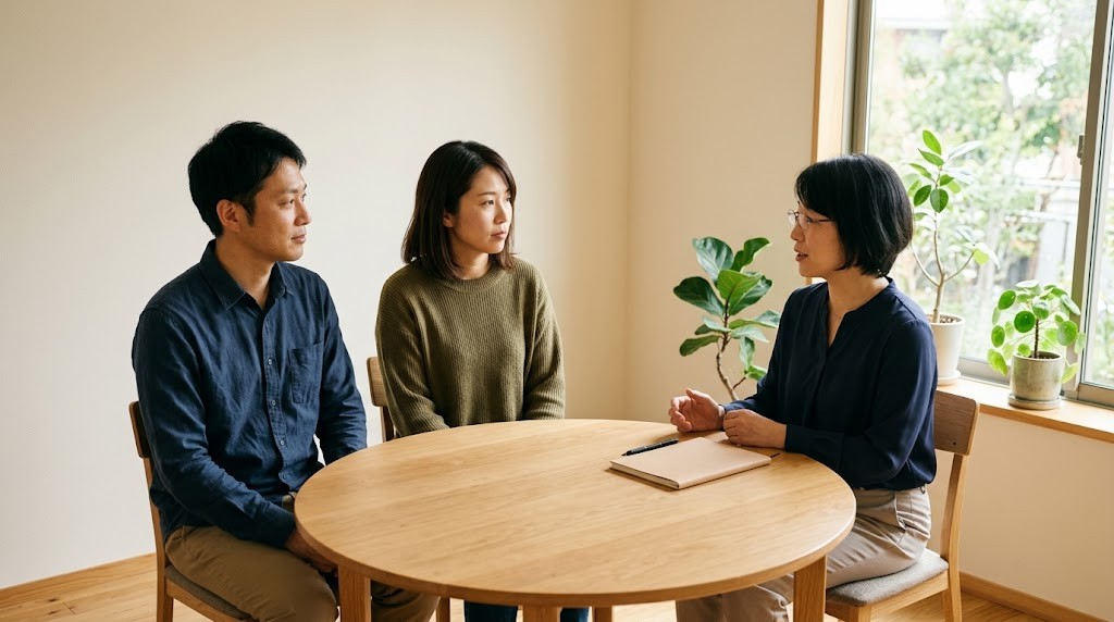 相談室でカウンセラーと話す保護者