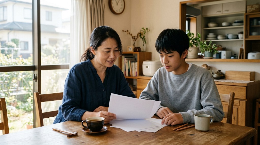 自宅のダイニングテーブルで、母親と高校生の息子が並んで白い紙の資料を一緒に見ている様子