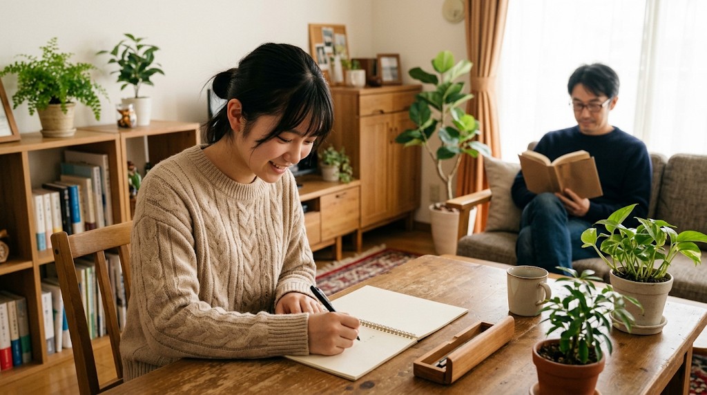 明るいリビングで高校生の女の子がノートに書きながら学び、後ろのソファで父親が本を読んでいる様子