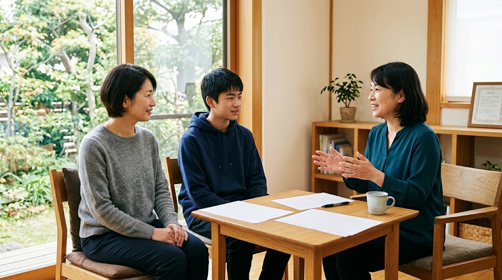 明るい相談室で、保護者と高校生が並んで座り、向かいのスタッフの説明を聞いている様子