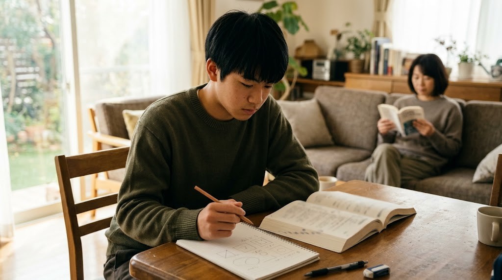 居間の食卓で教科書を開きノートに書き込む高校生