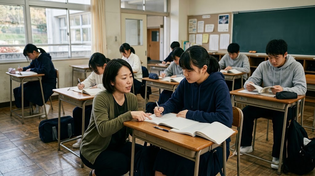 週末の教室で先生が生徒のそばで説明しているスクーリングの様子