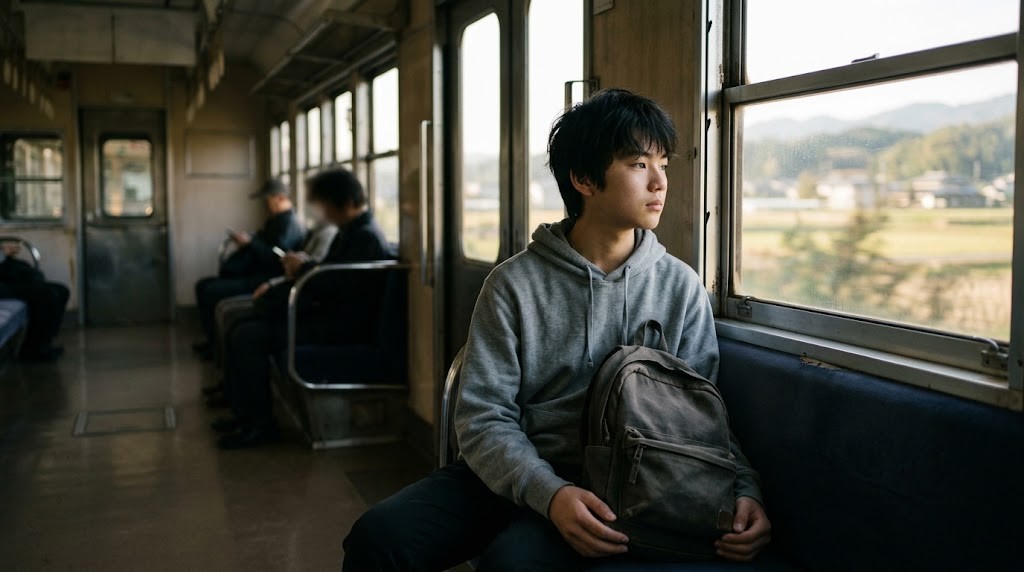 電車で通学する高校生