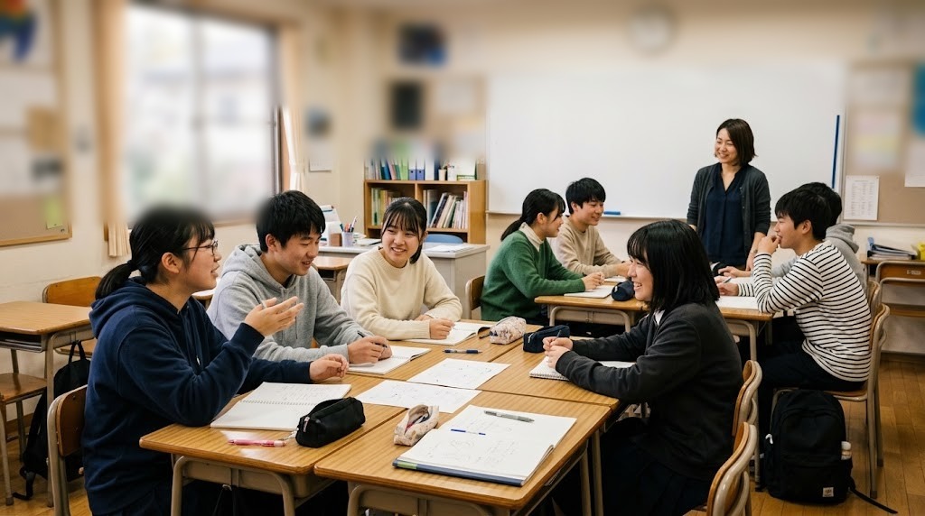 教室でグループワークをする生徒たちと先生