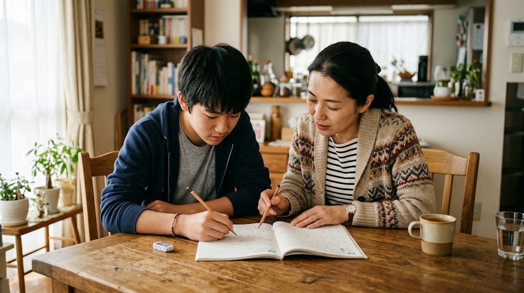 食卓で数学の問題集を一緒に見る高校生と保護者