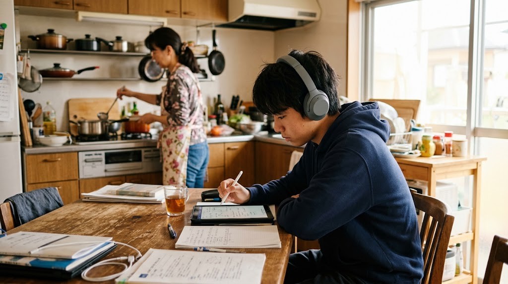 台所の横の食卓でタブレットを使って勉強する高校生