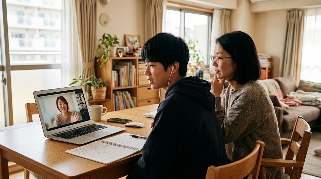 保護者のとなりでオンラインの個別授業を受ける高校生