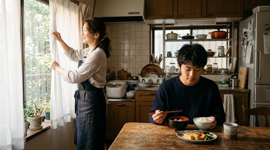 朝の台所で朝ごはんを食べる高校生とカーテンを開ける保護者
