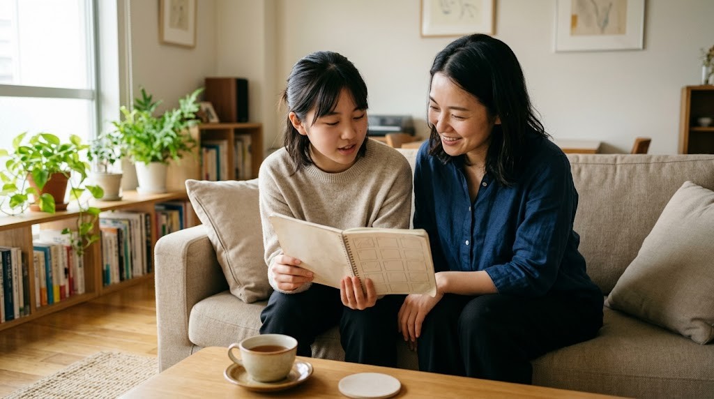ソファで並んでノートを見ながら話す姉妹