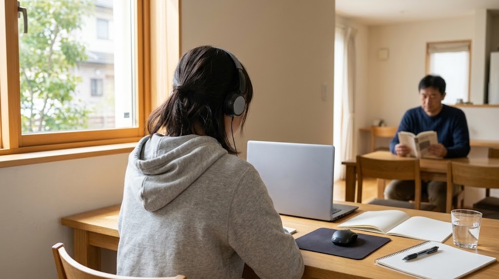 窓辺の机でヘッドホンをつけてオンライン授業を受ける高校生