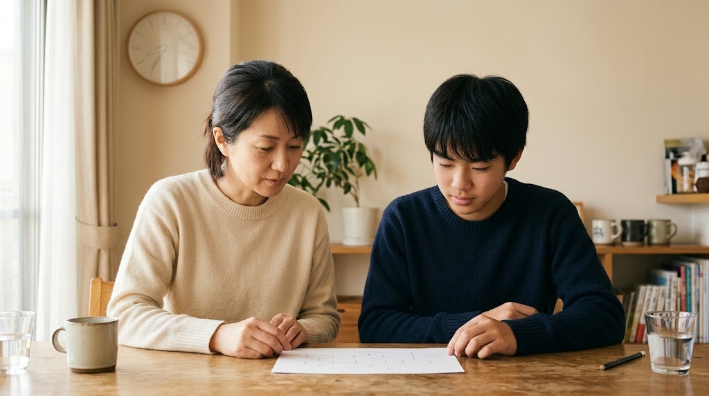 朝の食卓で紙の予定表を一緒に見る保護者と高校生