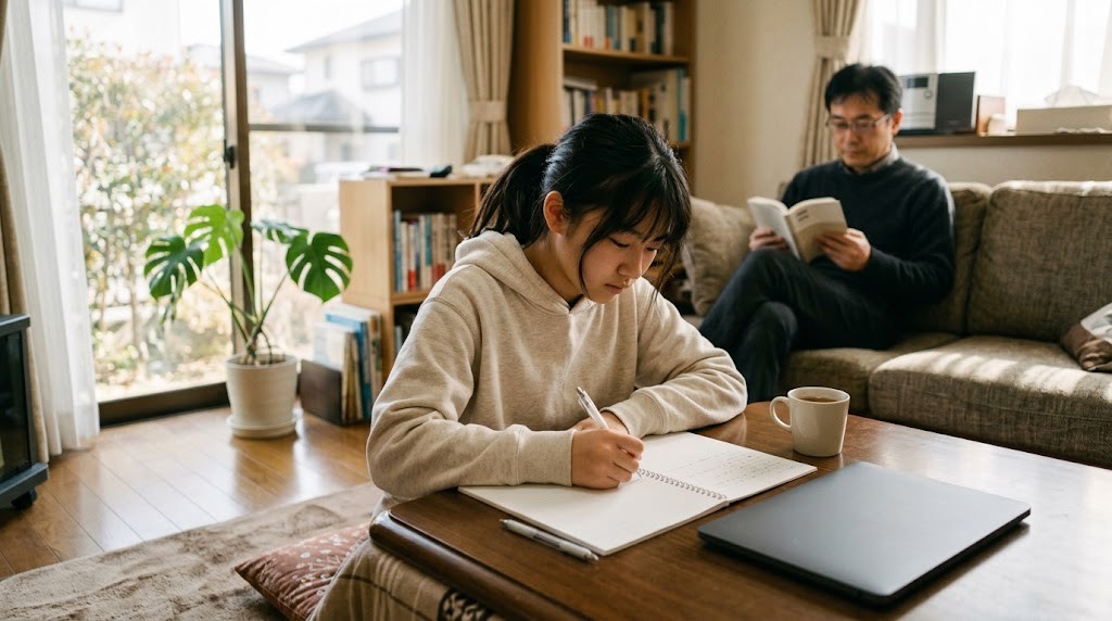 リビングの低いテーブルでノートに書く高校生と本を読む保護者