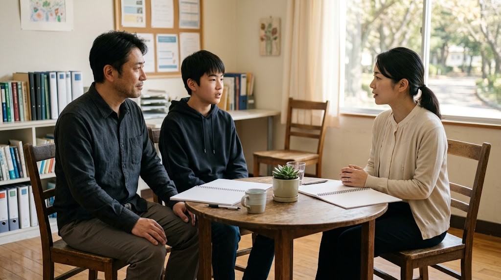 面談室で先生と話す保護者と高校生