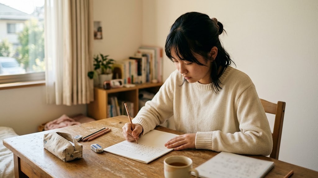 自分の部屋の机で作文を書く生徒