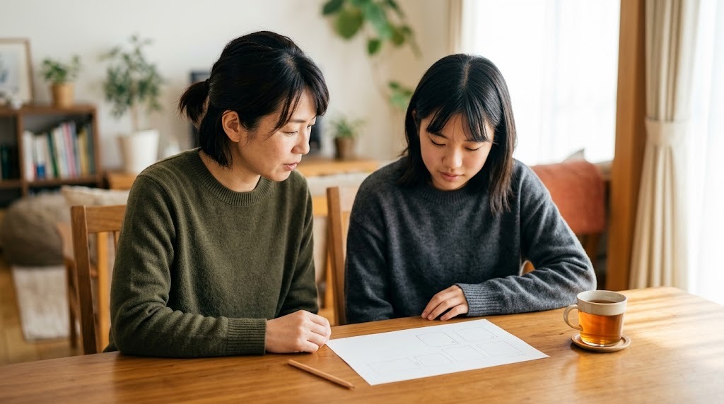 明るいダイニングテーブルで、母親と高校生の娘が並んで座り、手書きの空欄だけの用紙を一緒に見ている