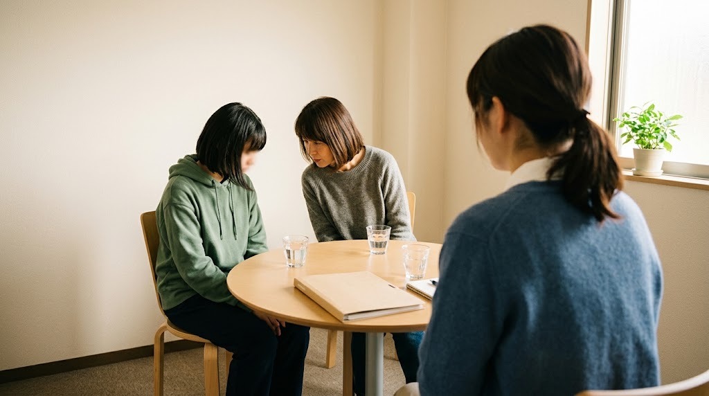 明るい相談室の丸いテーブルで、保護者と高校生が並んで座り、手前の職員と話している