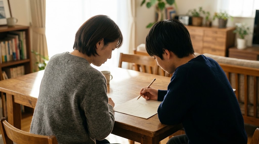 明るいリビングの木のテーブルで、母親と高校生が並んで座り、手書きのマス目だけの紙を一緒に見ている後ろ姿