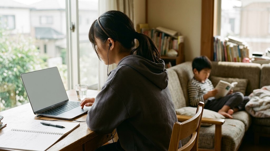 窓辺の机でパーカー姿の高校生がノートパソコンでオンラインの授業を受け、奥のソファで弟が本を読んでいる