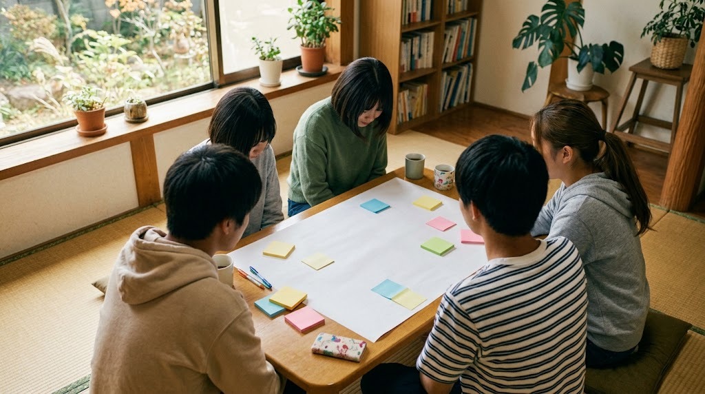 明るい和室の低いテーブルを高校生たちが囲み、大きな白い紙に何も書いていない色付きの付せんを並べて話し合っている