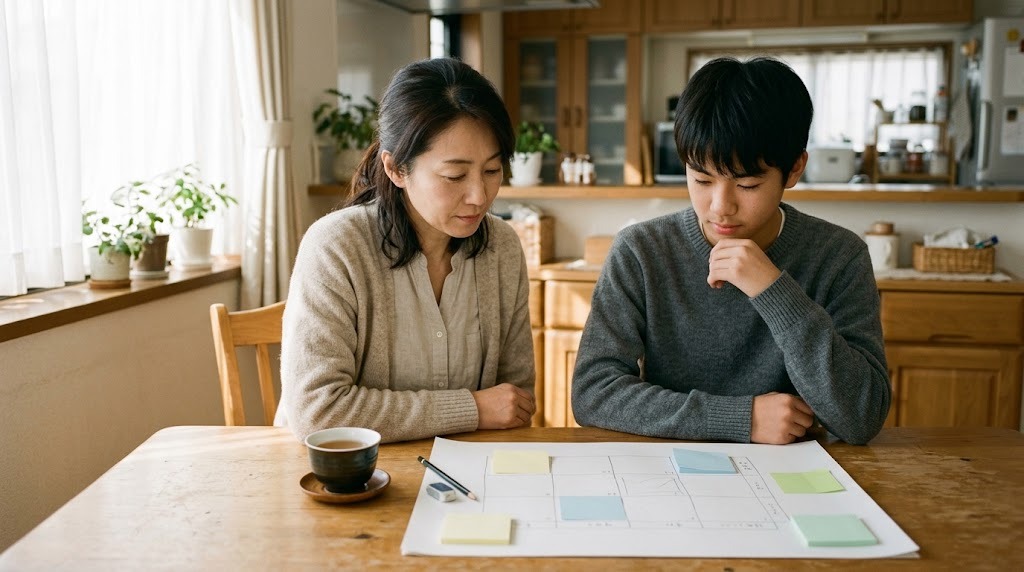 明るいダイニングテーブルで、母親と高校生の息子が並んで座り、手書きのマス目の紙と付せんを一緒に見ている
