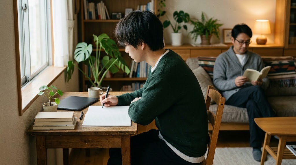 午後のリビングの窓辺の机で、高校生がノートに書き込み、奥のソファで父親が静かに本を読んでいる