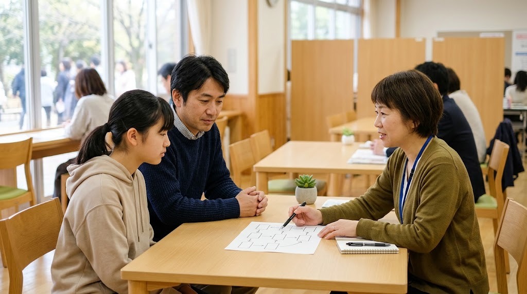 明るい相談会場のテーブルで、父親と高校生の娘が並んで座り、職員が手書きの流れ図を指しながら説明している