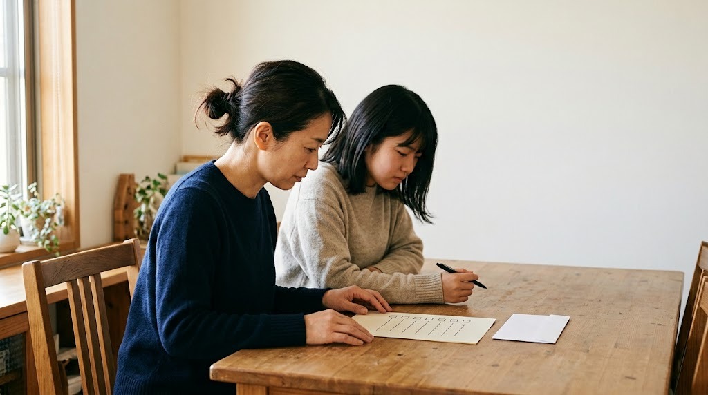 明るいダイニングテーブルで、母親と高校生の娘が並んで座り、手書きの空欄だけのチェック表と白い封筒を見ている