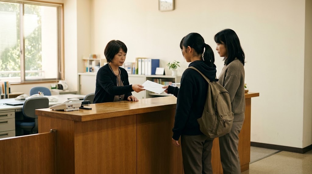 学校の事務室の受付カウンターで、高校生と保護者が並んで立ち、職員から白い封筒を受け取っている