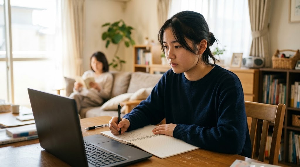 明るいリビングの机で、高校生がノートに書き込みながらノートパソコンで学び、奥のソファで家族が本を読んでいる